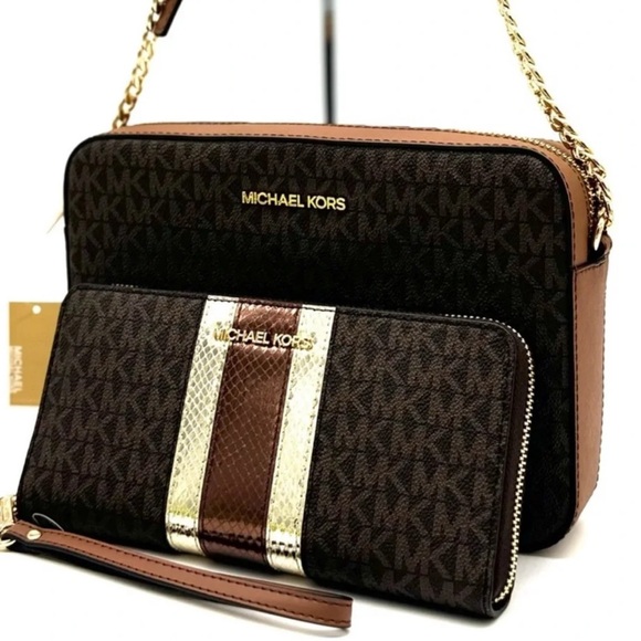 Michael Kors Large EW Zip Chain Xbody Crossbody Bag & Continental Wallet Brown - Picture 1 of 13